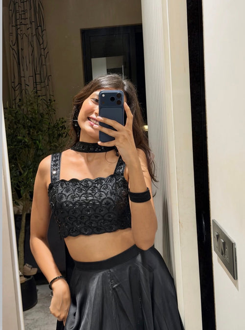 Black Embroidered Crop Top with Satin Flared Maxi Skirt Set