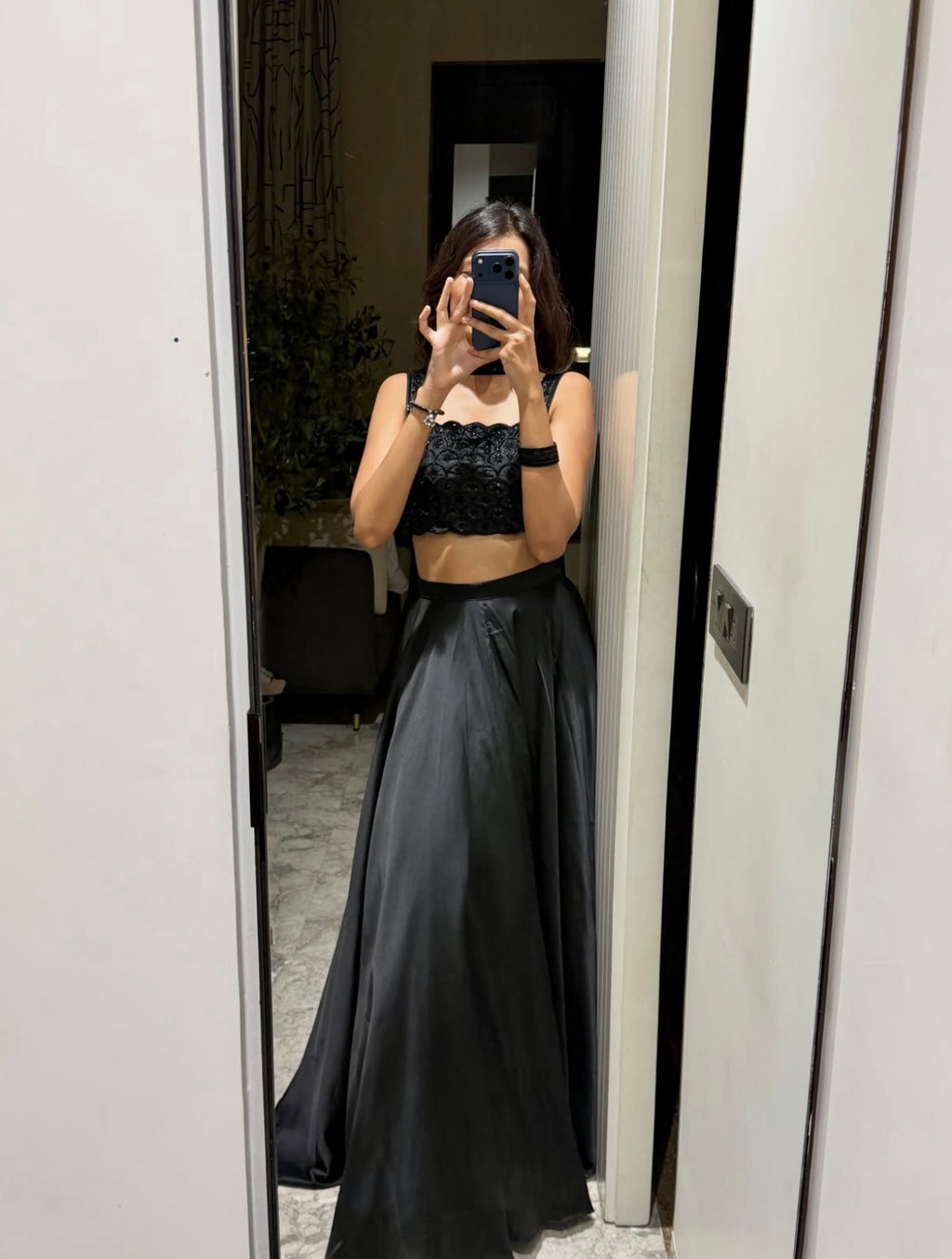 Black Embroidered Crop Top with Satin Flared Maxi Skirt Set