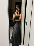 Black Embroidered Crop Top with Satin Flared Maxi Skirt Set