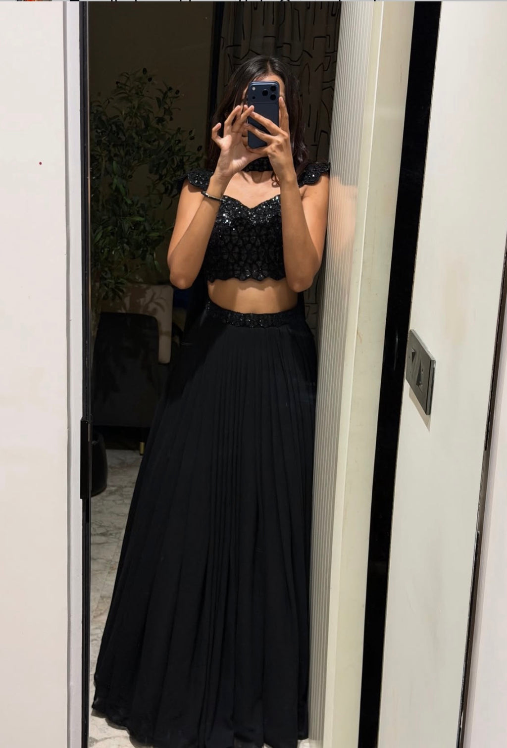 Black Sequin Embellished Crop Top & Pleated Maxi Skirt Co-ord Set