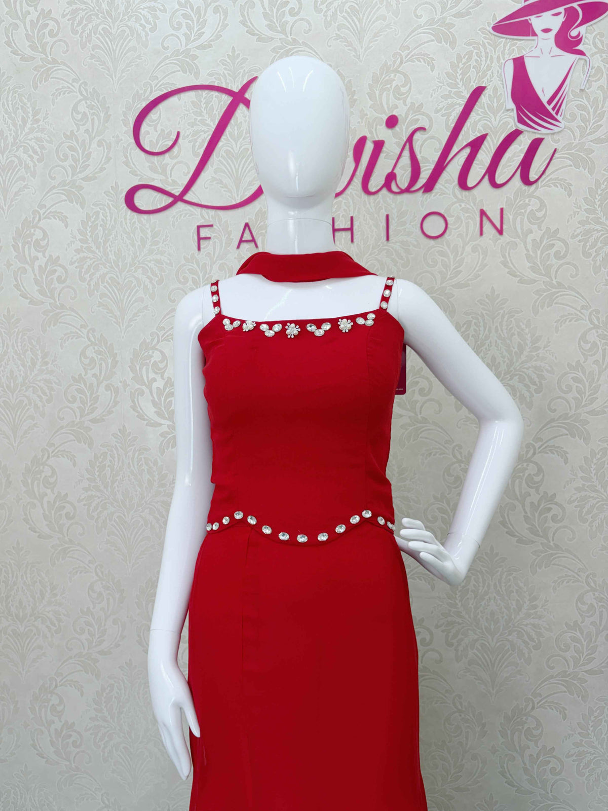 Red Beaded Halter Neck Crop Top and Flared Skirt Set - DevishaFashion