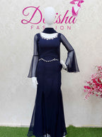 Navy Blue Beaded Flared Sleeve Crop Top and Skirt Set - DevishaFashion