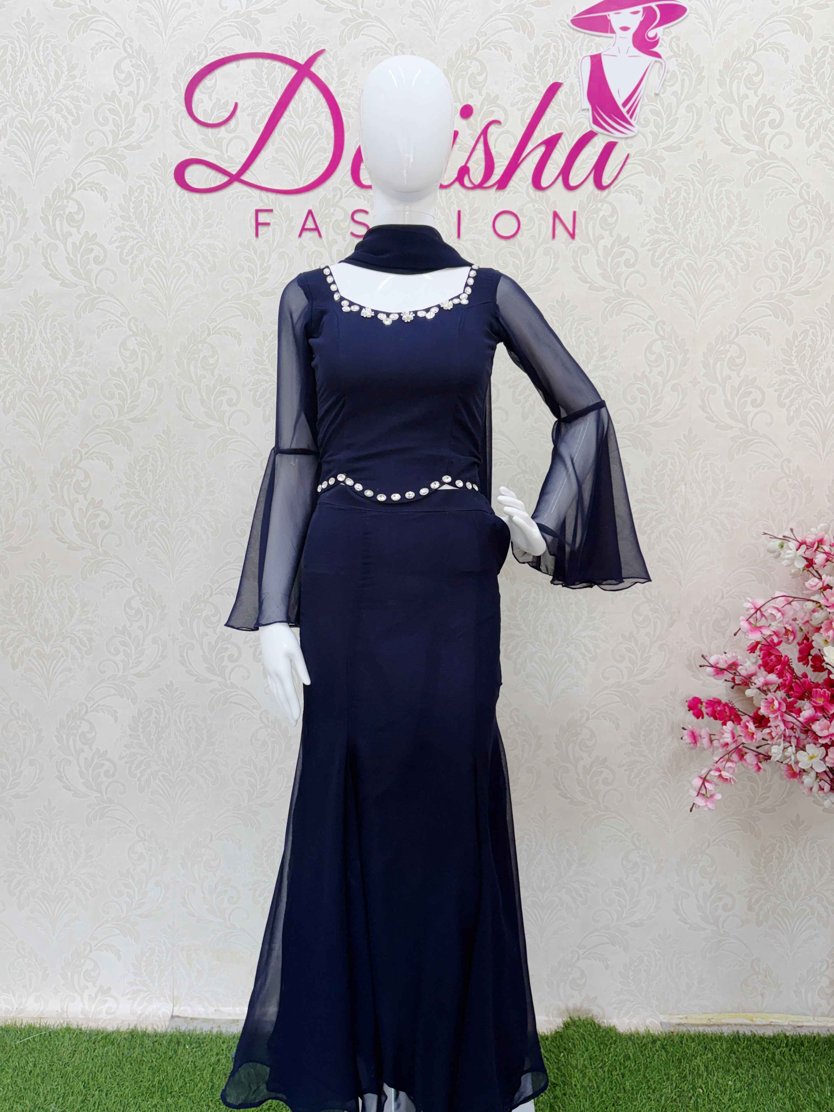 Navy Blue Beaded Flared Sleeve Crop Top and Skirt Set - DevishaFashion