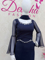 Navy Blue Beaded Flared Sleeve Crop Top and Skirt Set - DevishaFashion