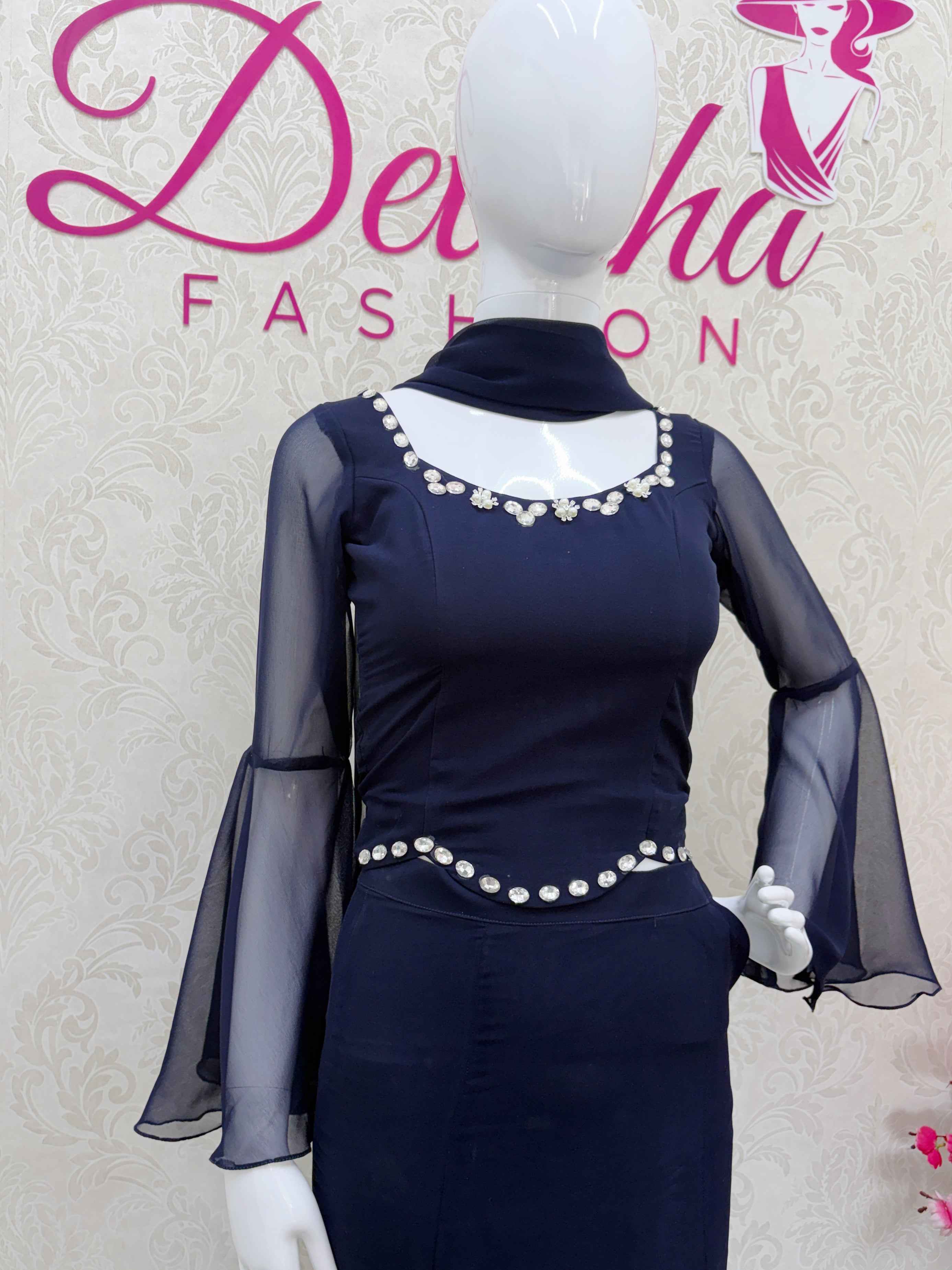 Navy Blue Beaded Flared Sleeve Crop Top and Skirt Set - DevishaFashion