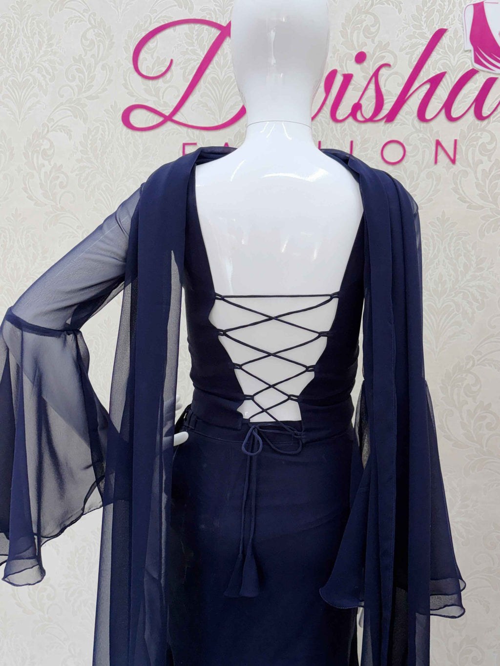 Navy Blue Beaded Flared Sleeve Crop Top and Skirt Set - DevishaFashion