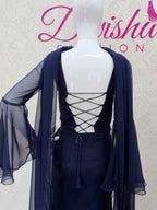 Navy Blue Beaded Flared Sleeve Crop Top and Skirt Set - DevishaFashion