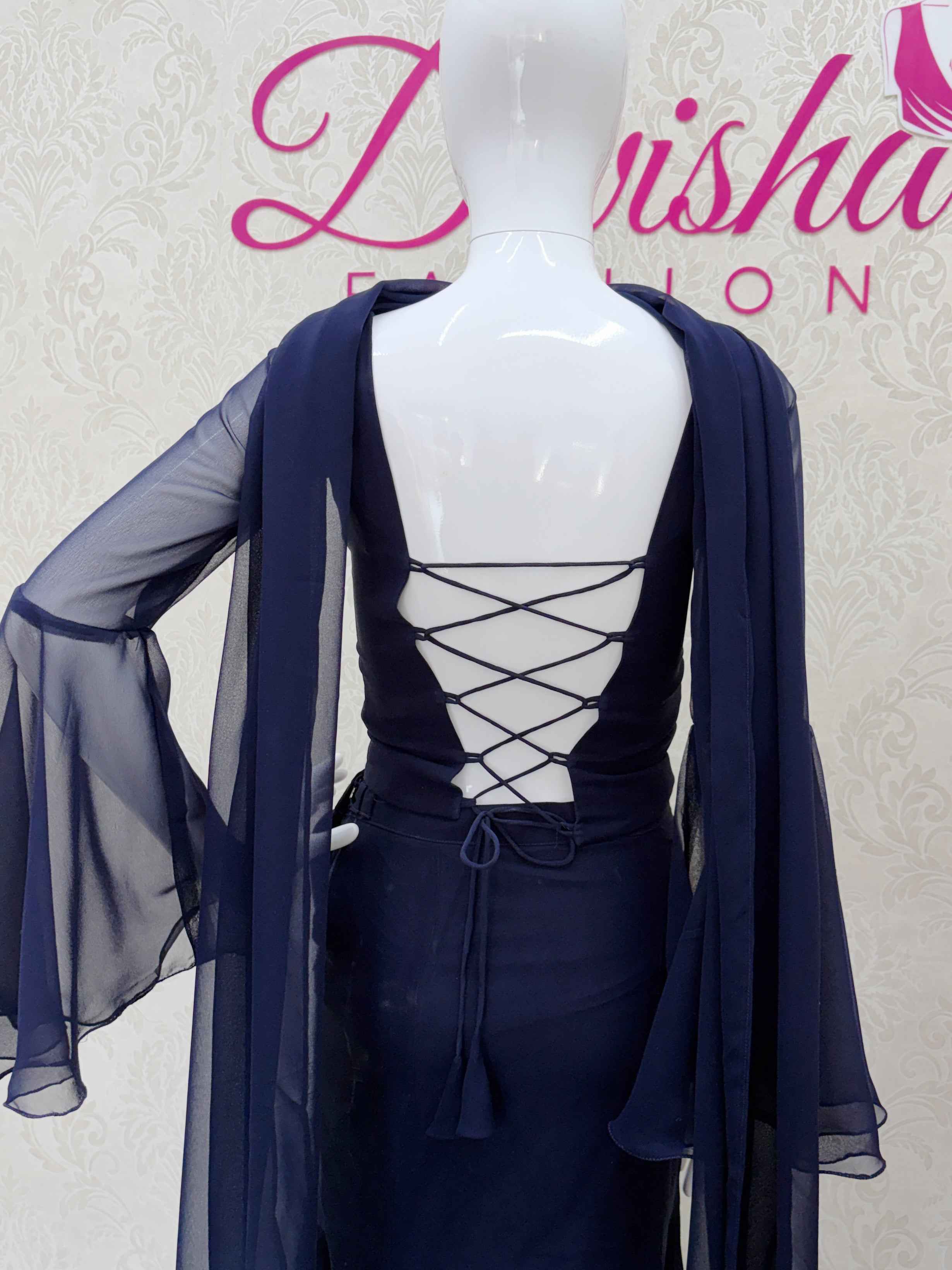 Navy Blue Beaded Flared Sleeve Crop Top and Skirt Set - DevishaFashion