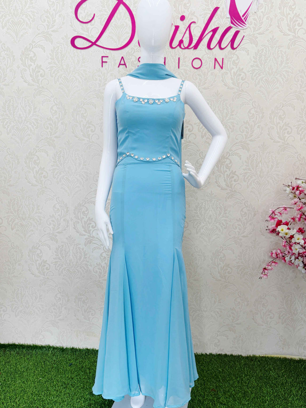 Sky Blue Beaded Spaghetti Strap Crop Top and Mermaid Skirt Set - DevishaFashion