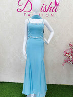 Sky Blue Beaded Spaghetti Strap Crop Top and Mermaid Skirt Set - DevishaFashion