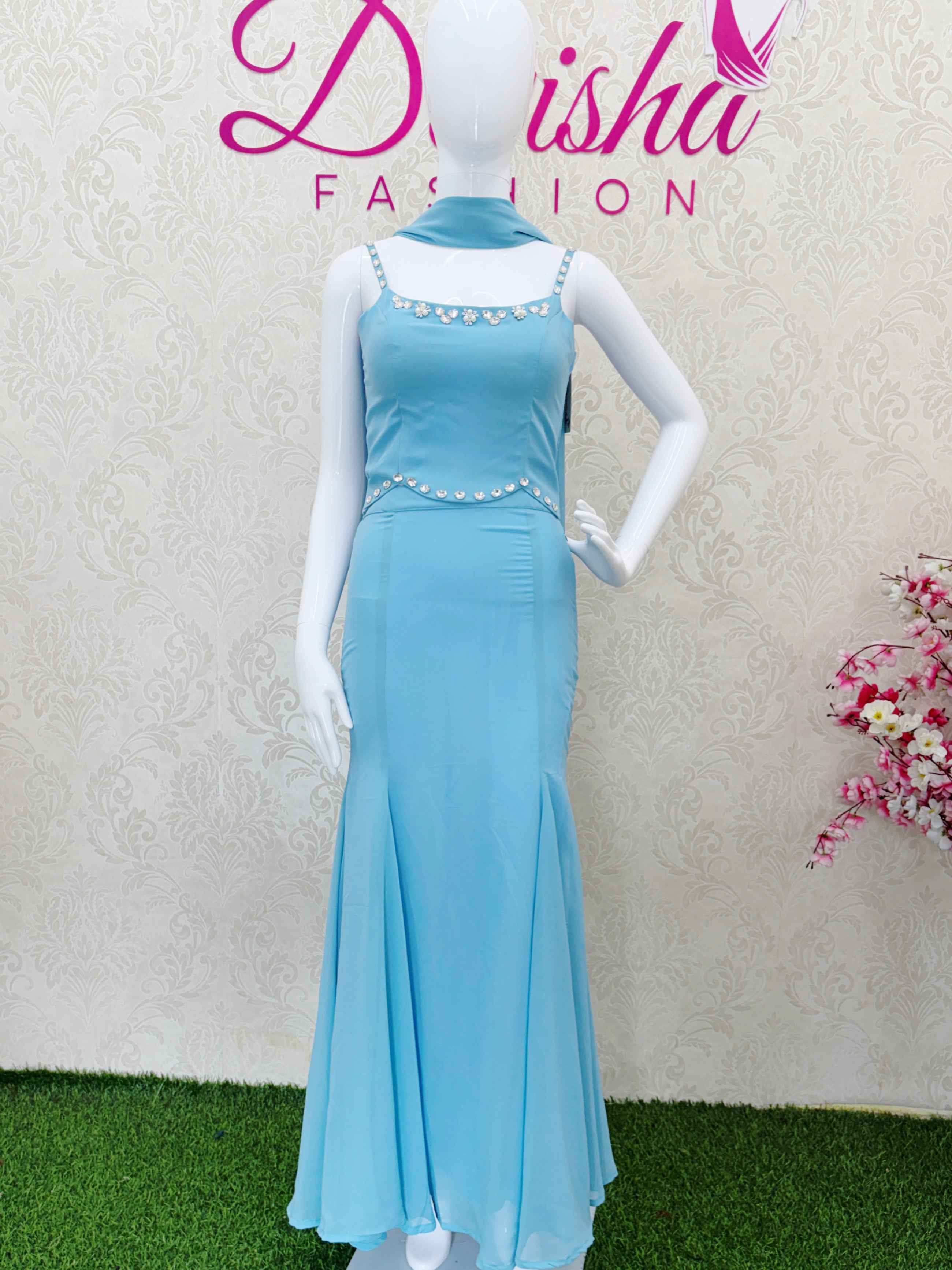 Sky Blue Beaded Spaghetti Strap Crop Top and Mermaid Skirt Set - DevishaFashion