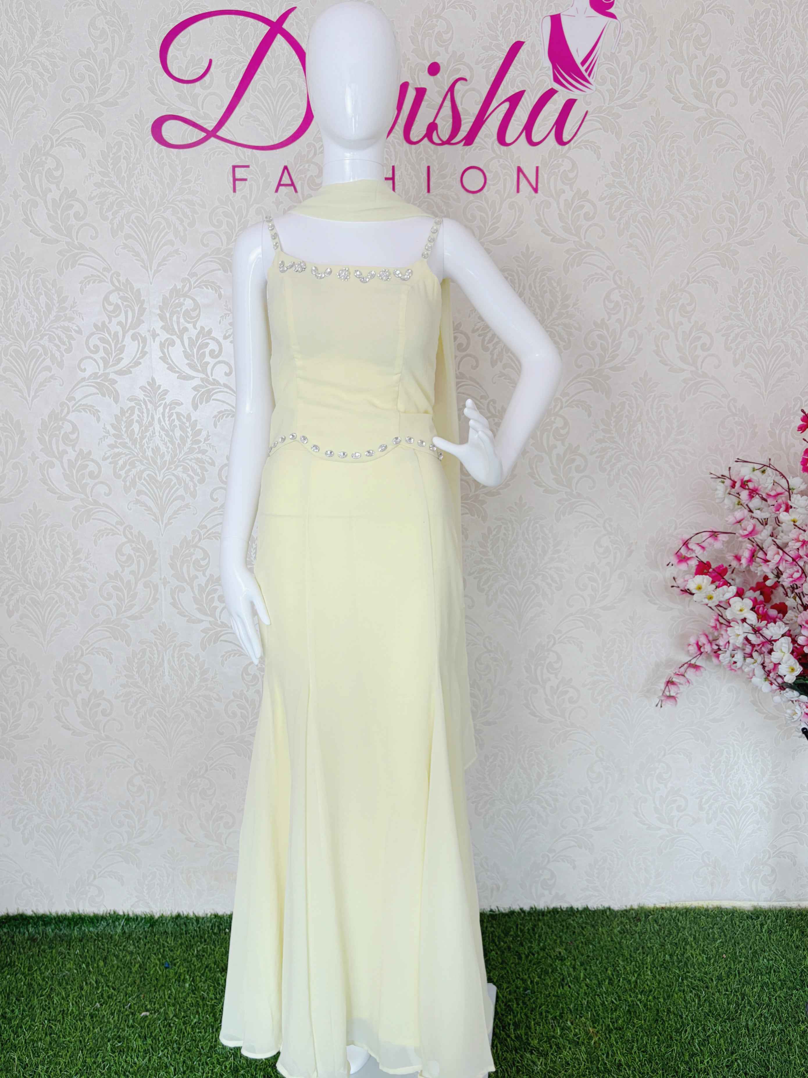 Cream Beaded Square Neck Crop Top and Flared Skirt Set - DevishaFashion