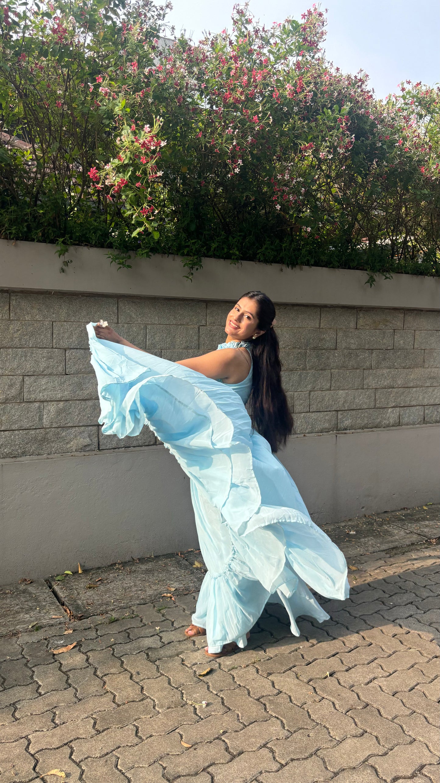 Elegant Sky Blue Halter Neck Ruffle Maxi Dress