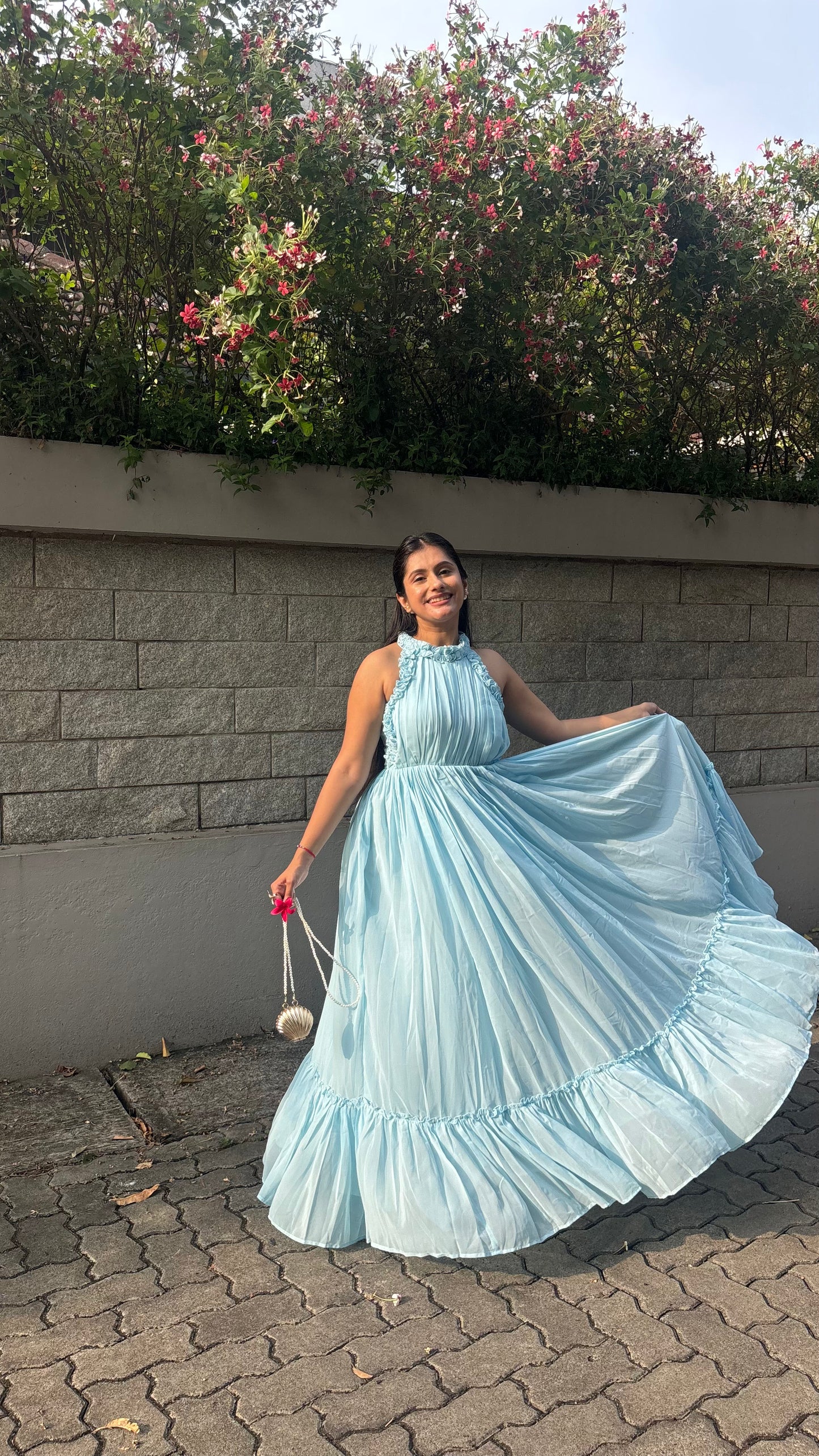 Elegant Sky Blue Halter Neck Ruffle Maxi Dress