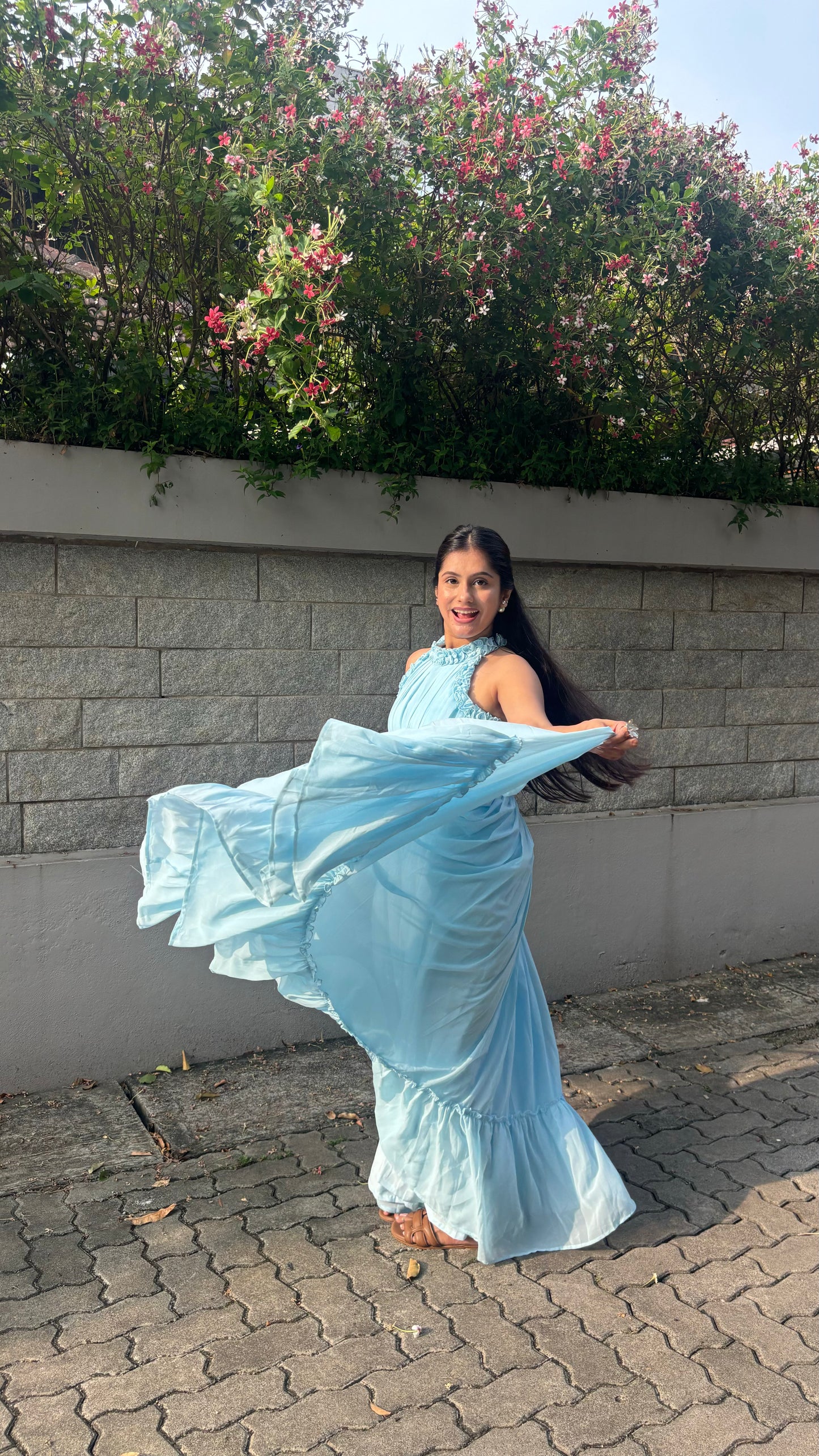 Elegant Sky Blue Halter Neck Ruffle Maxi Dress