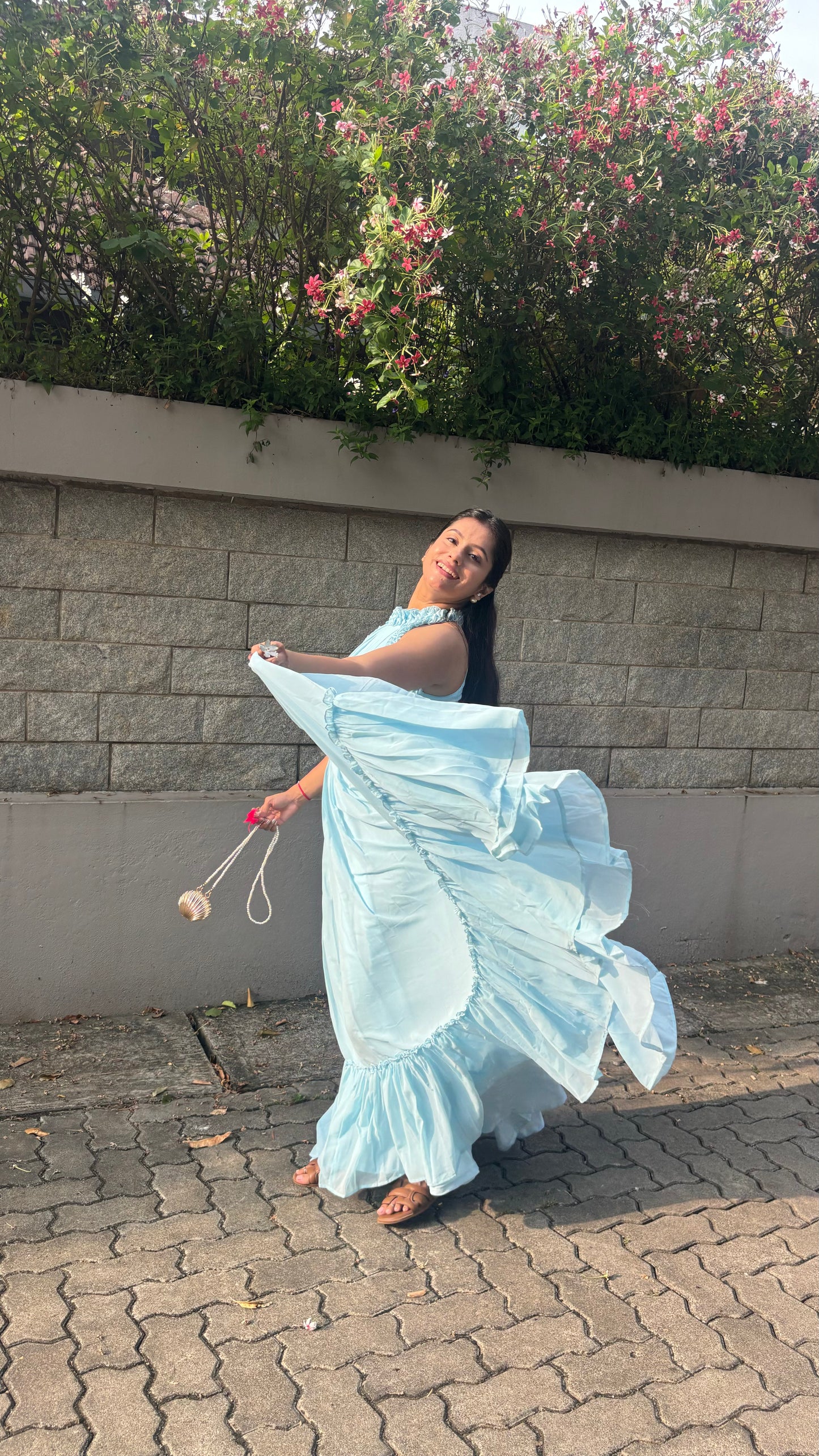 Elegant Sky Blue Halter Neck Ruffle Maxi Dress