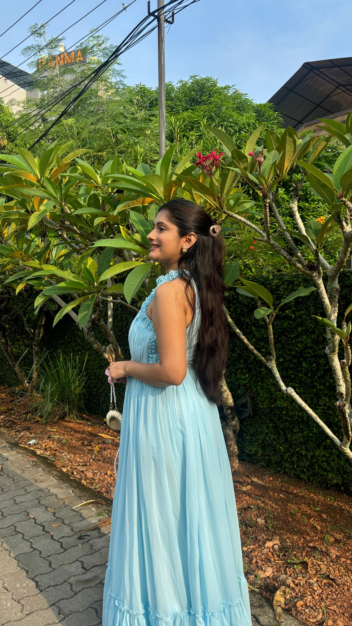 Elegant Sky Blue Halter Neck Ruffle Maxi Dress
