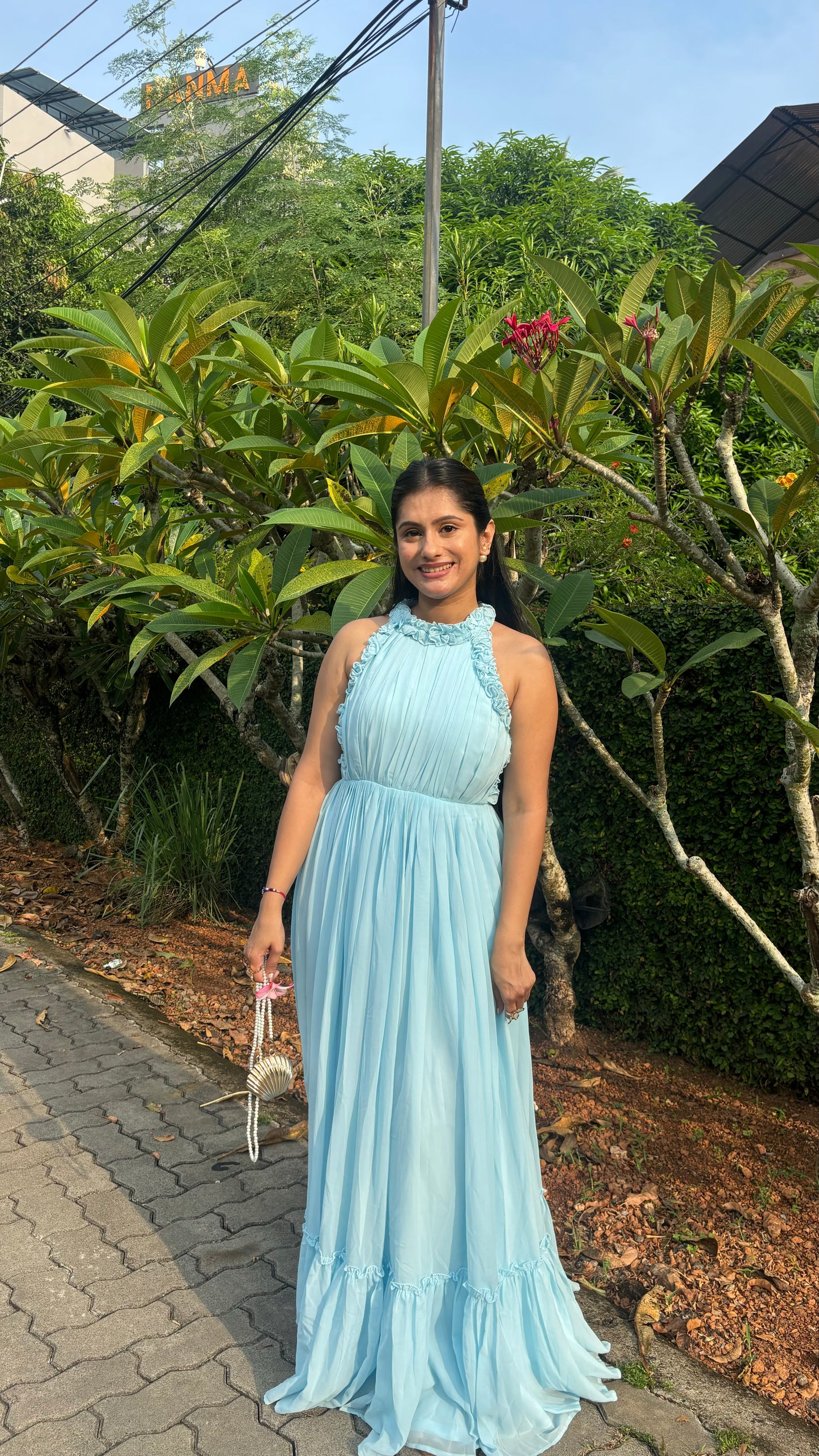 Elegant Sky Blue Halter Neck Ruffle Maxi Dress