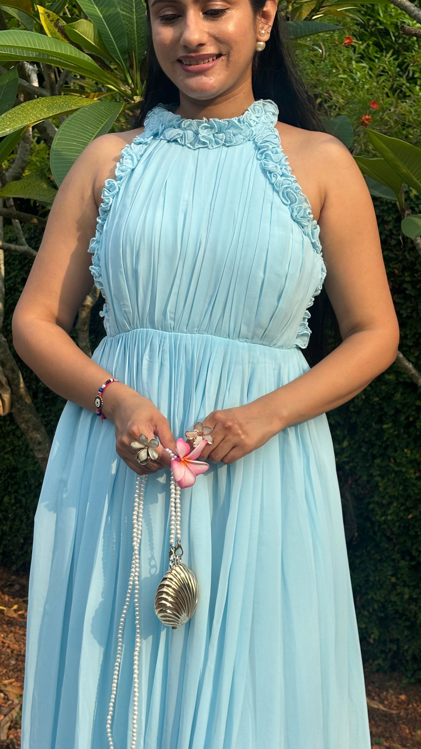 Elegant Sky Blue Halter Neck Ruffle Maxi Dress