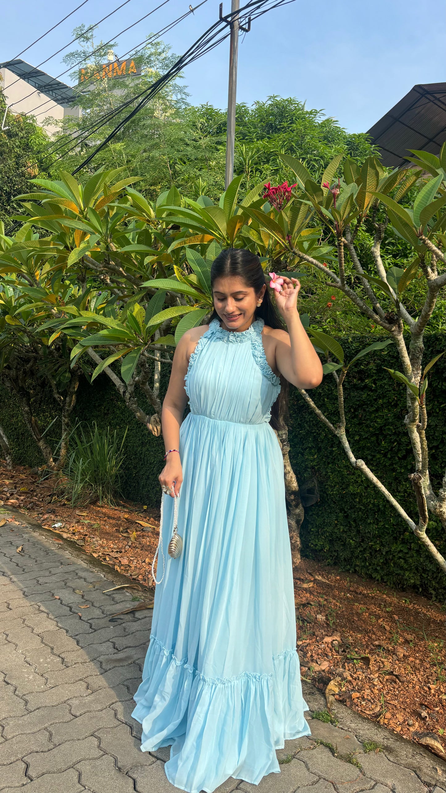 Elegant Sky Blue Halter Neck Ruffle Maxi Dress