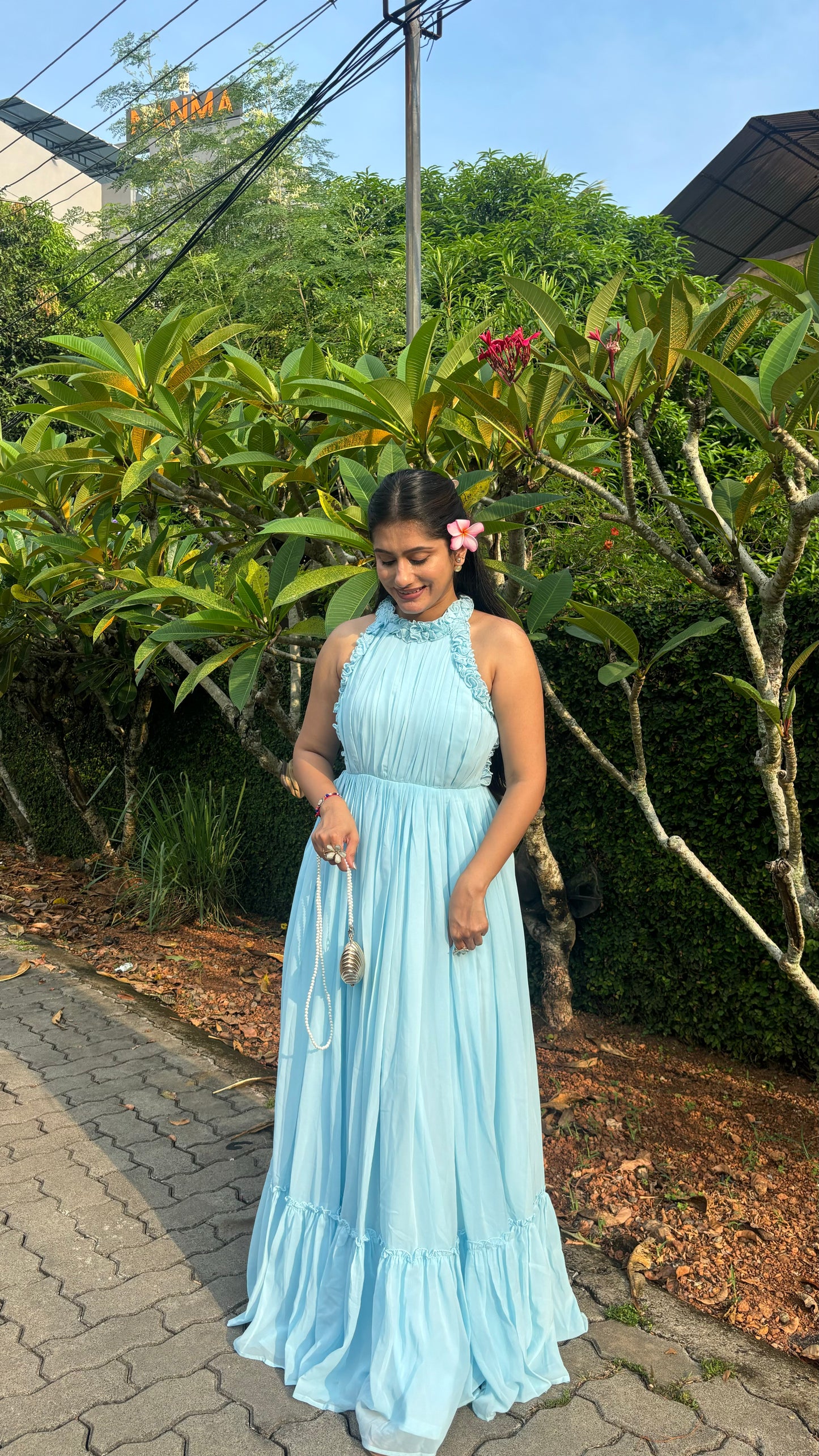 Elegant Sky Blue Halter Neck Ruffle Maxi Dress