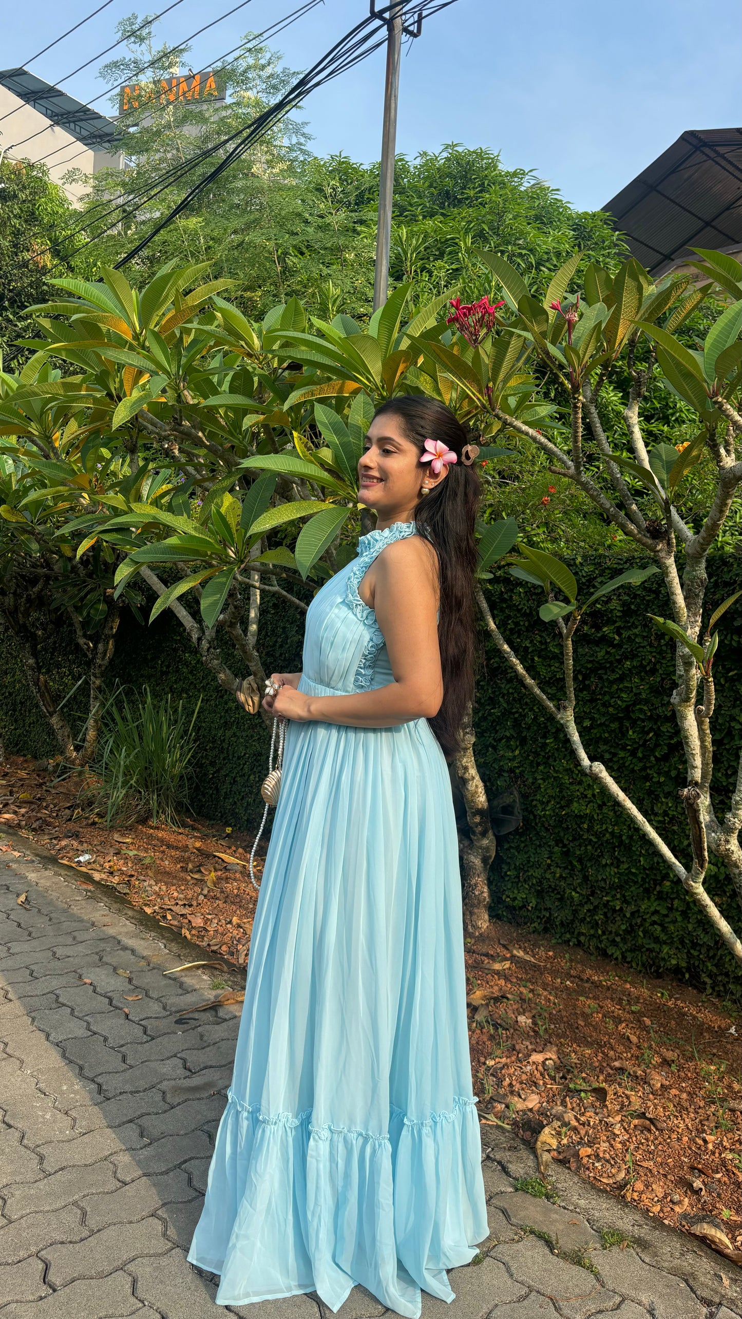 Elegant Sky Blue Halter Neck Ruffle Maxi Dress