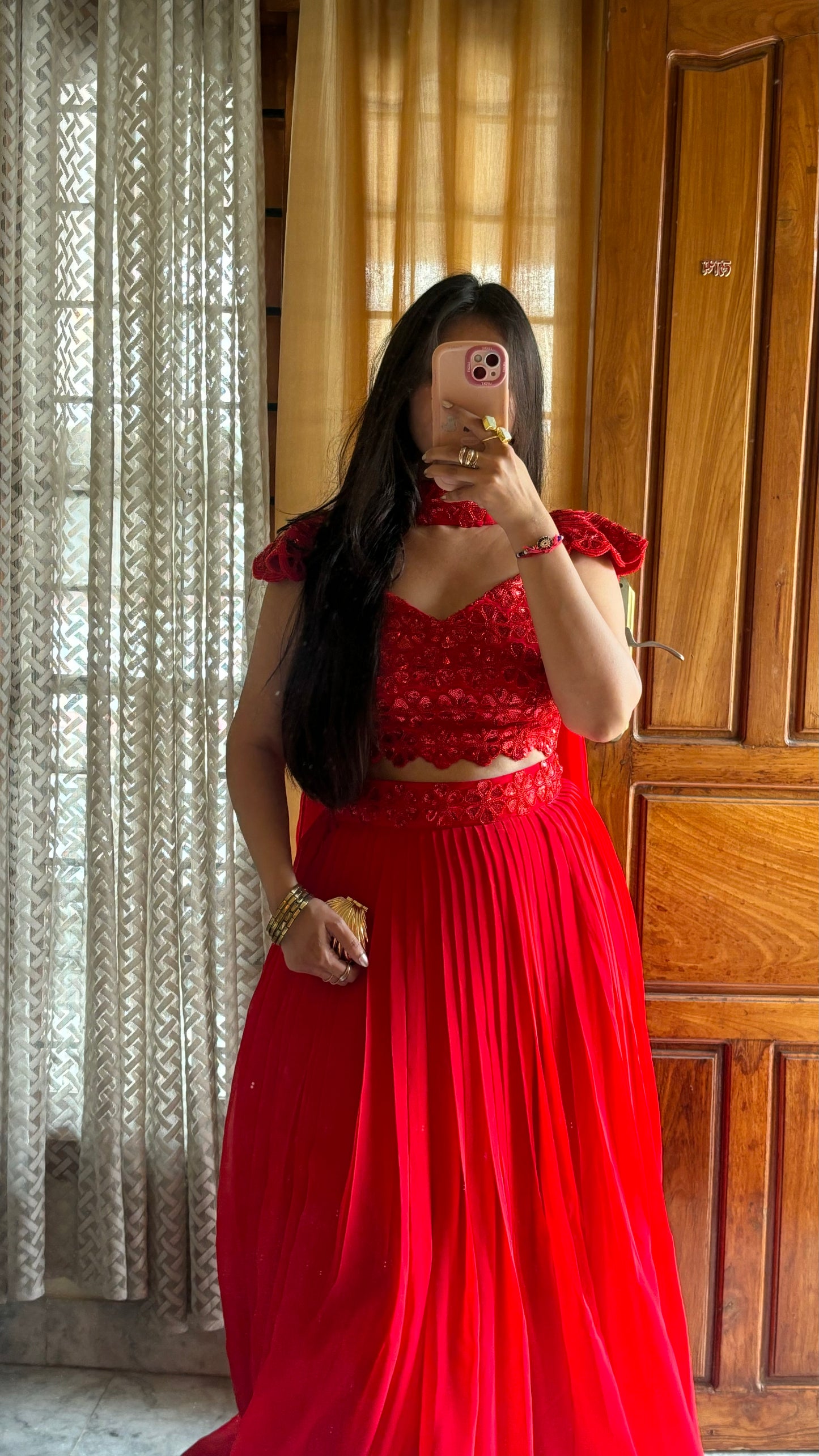 Radiant Red Heavy Embellished Blouse & Pleated Georgette Lehenga