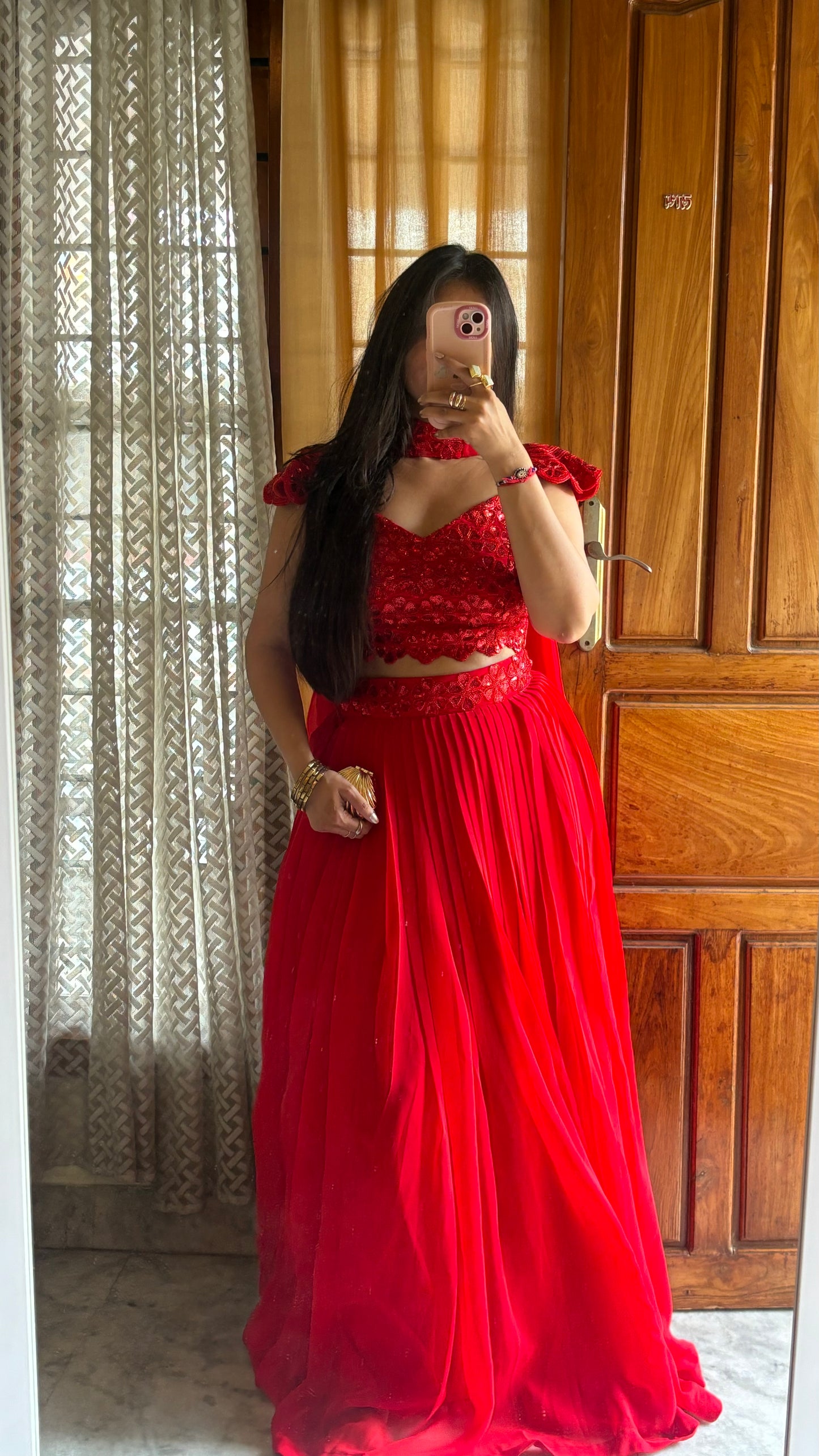 Radiant Red Heavy Embellished Blouse & Pleated Georgette Lehenga