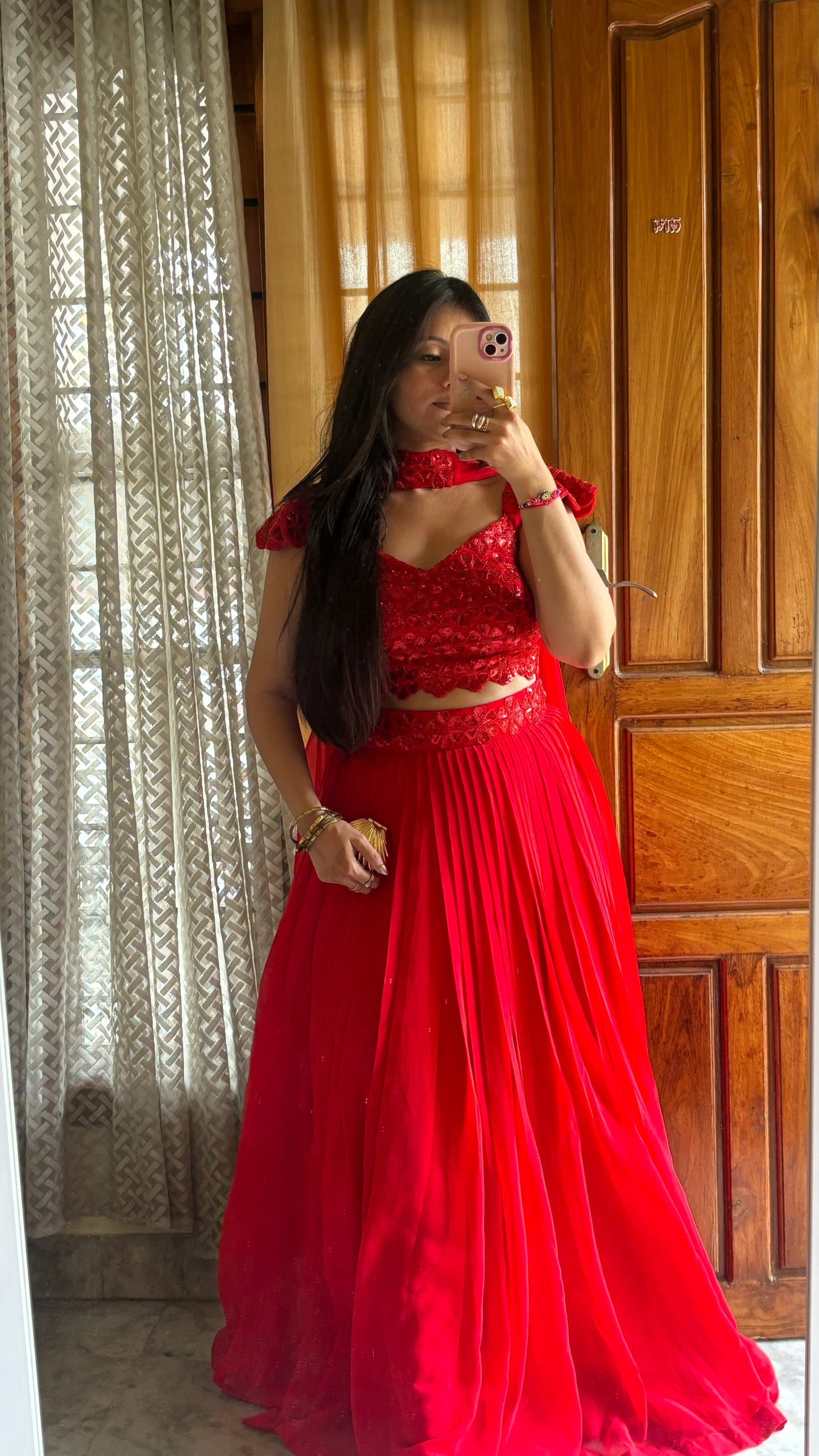 Radiant Red Heavy Embellished Blouse & Pleated Georgette Lehenga