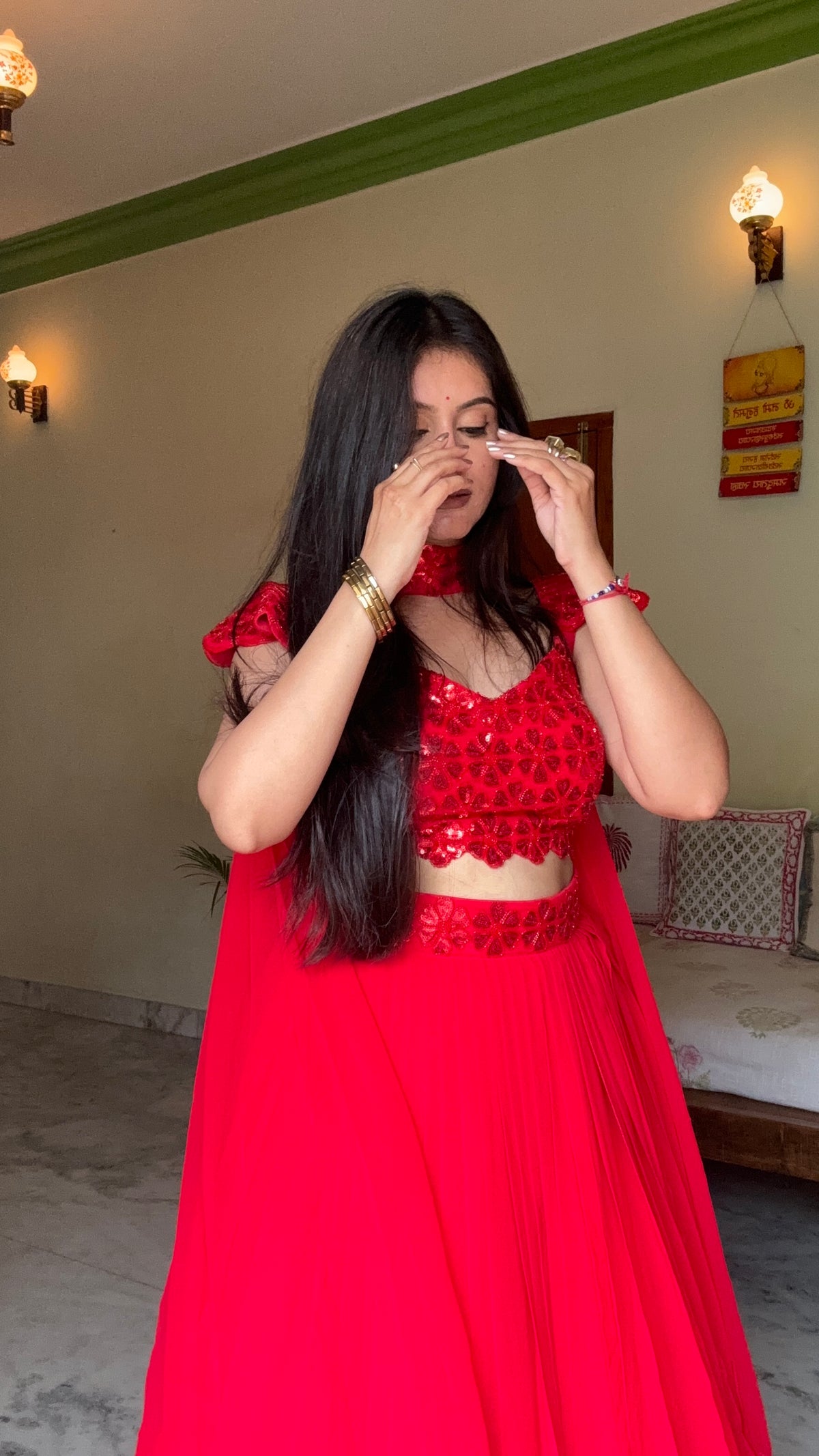 Radiant Red Heavy Embellished Blouse & Pleated Georgette Lehenga