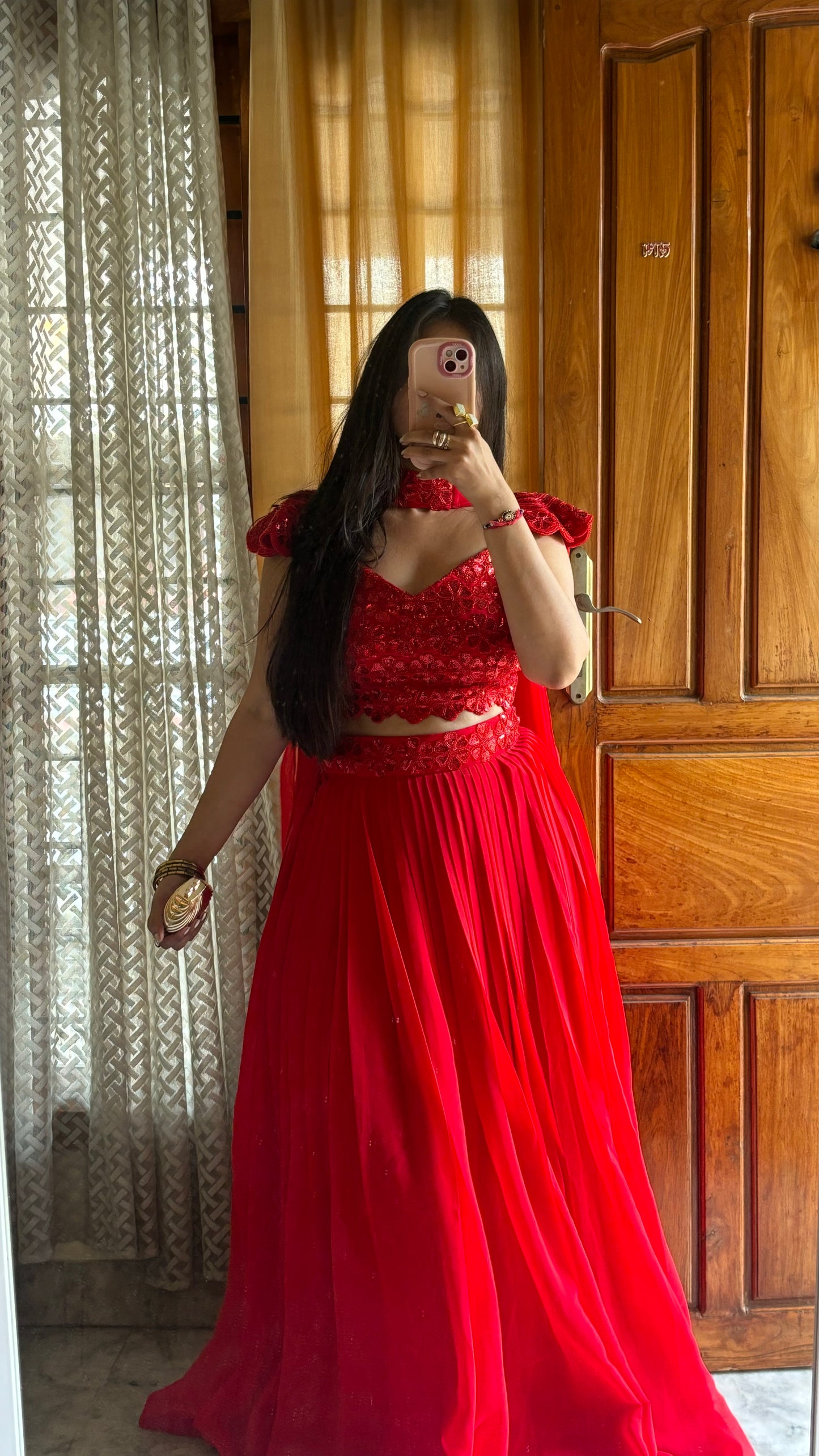 Radiant Red Heavy Embellished Blouse & Pleated Georgette Lehenga