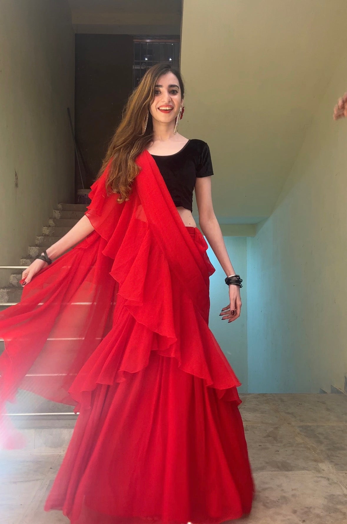 Elegant Red Ruffle Georgette Saree