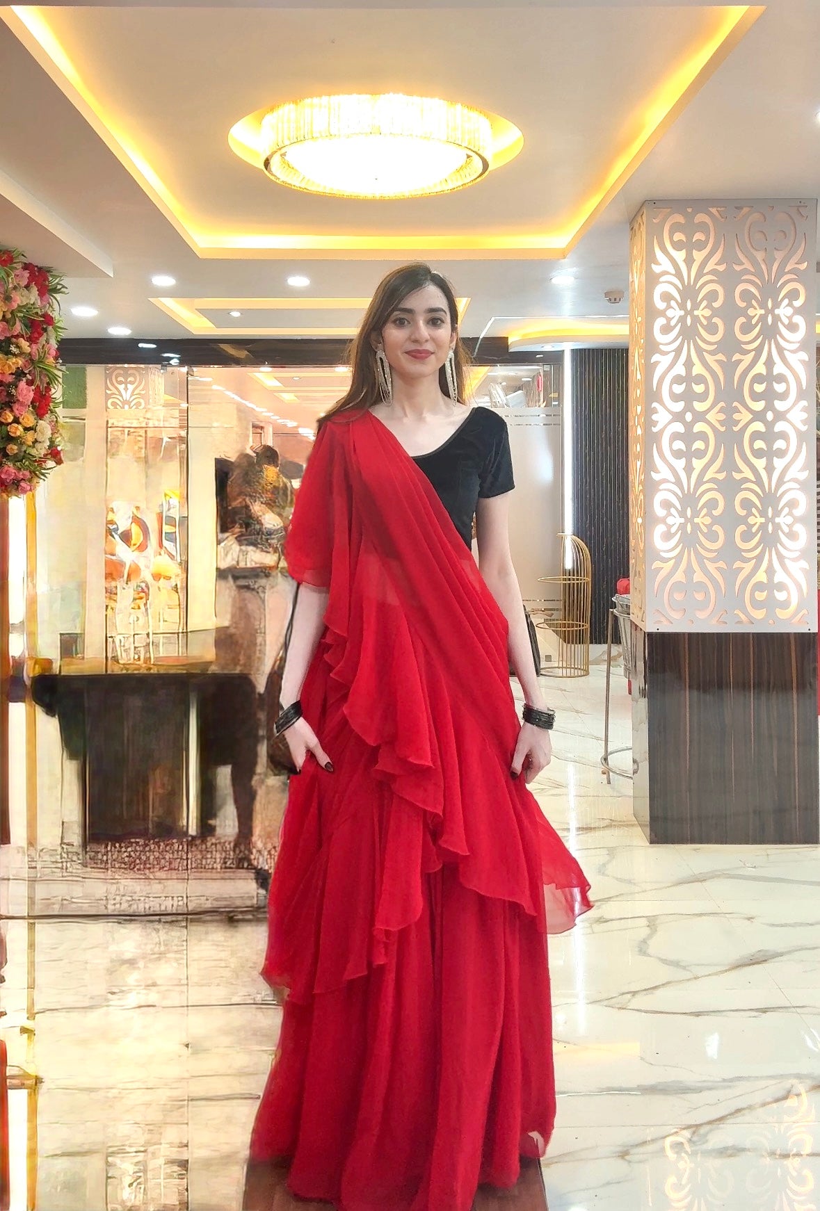 Elegant Red Ruffle Georgette Saree