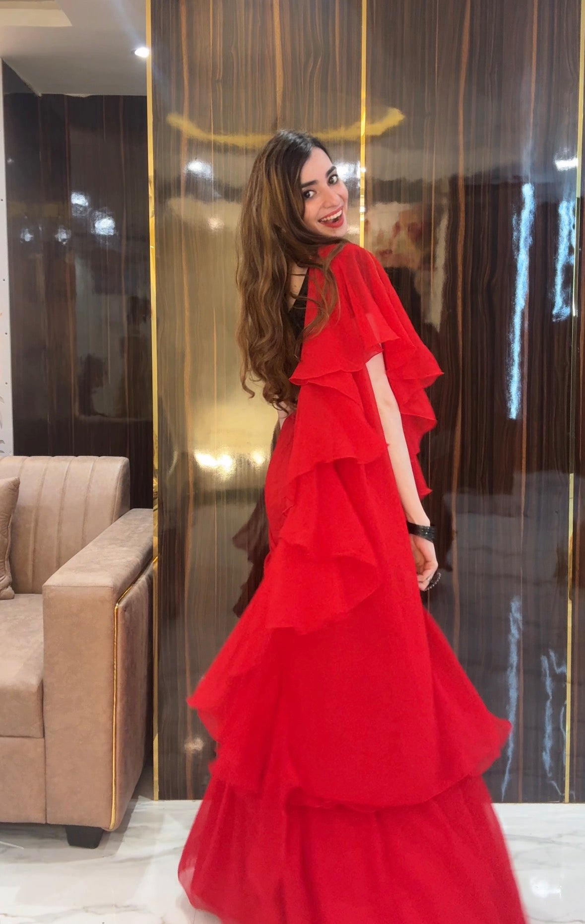 Elegant Red Ruffle Georgette Saree