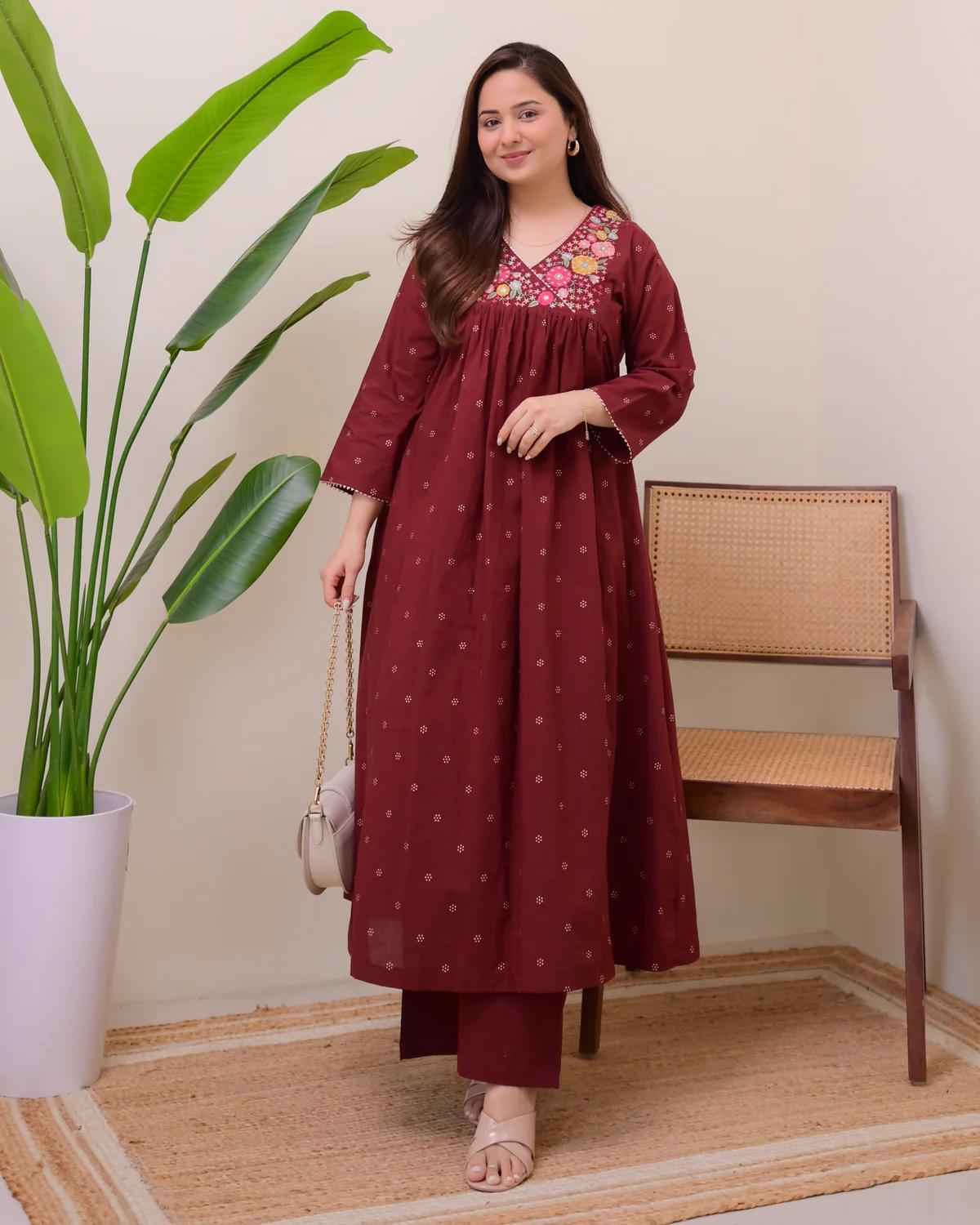 Maroon Embroidered Anarkali Kurta Set - DevishaFashion