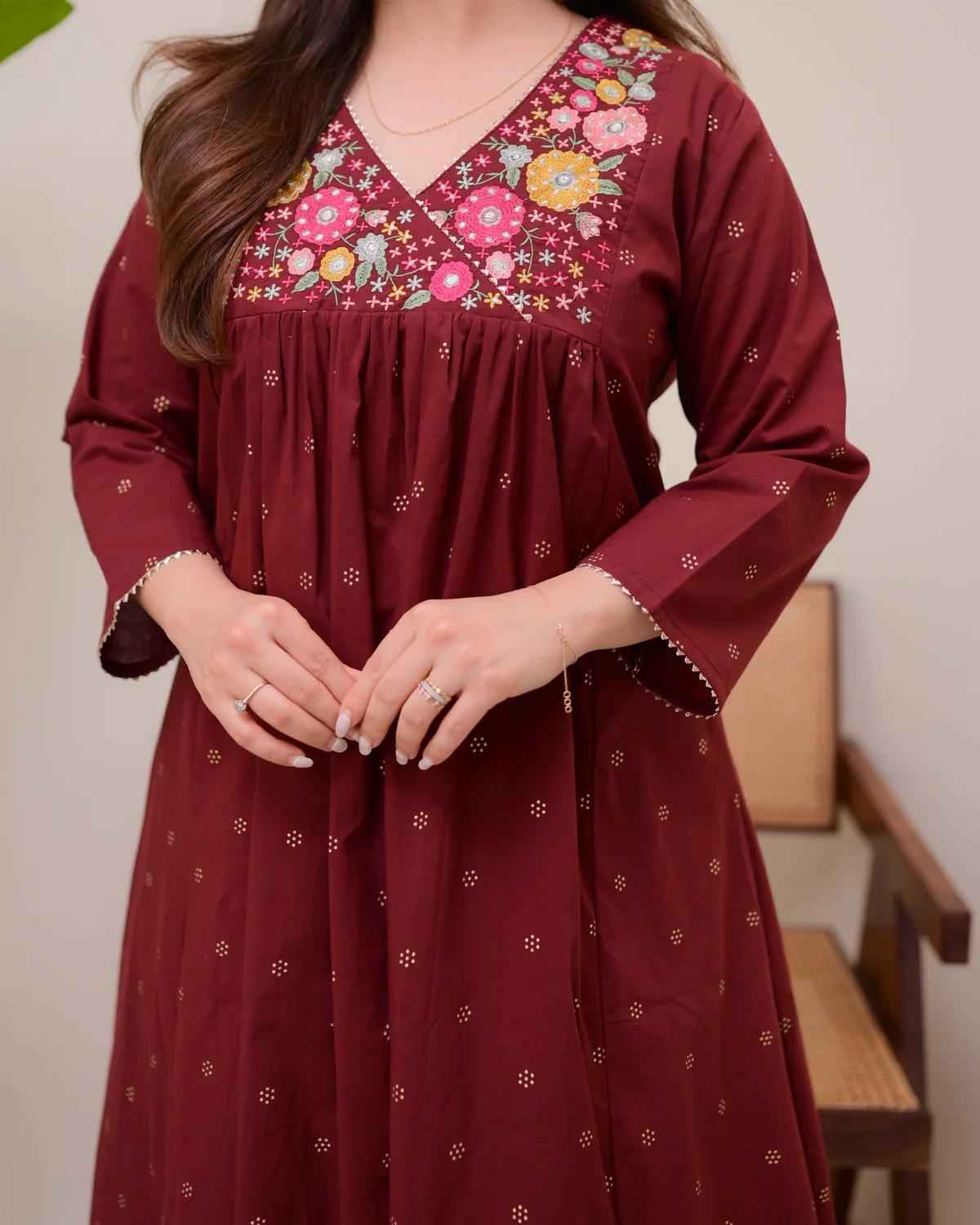 Maroon Embroidered Anarkali Kurta Set - DevishaFashion