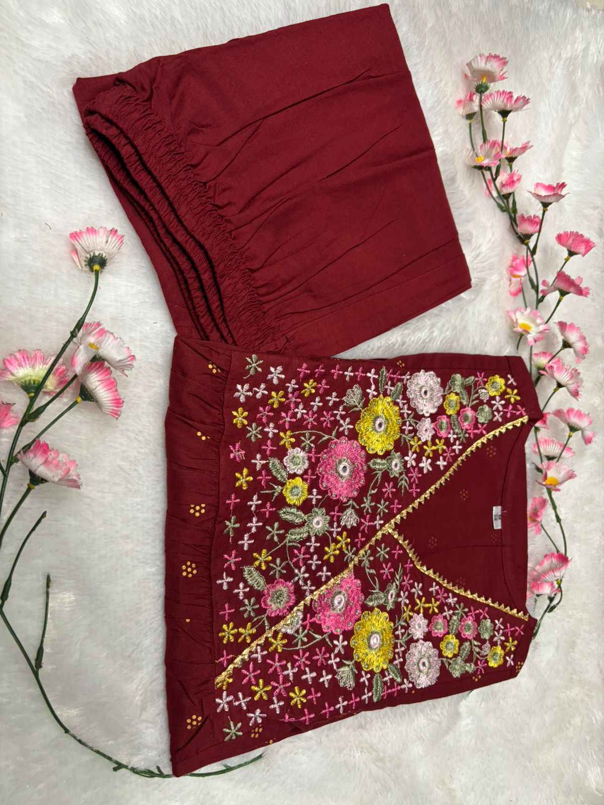 Maroon Embroidered Anarkali Kurta Set - DevishaFashion