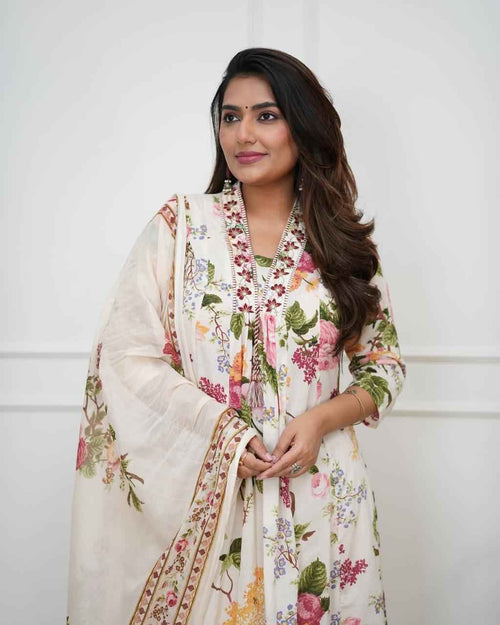 Ivory Floral Printed Kurta Set with Dupatta - DevishaFashion