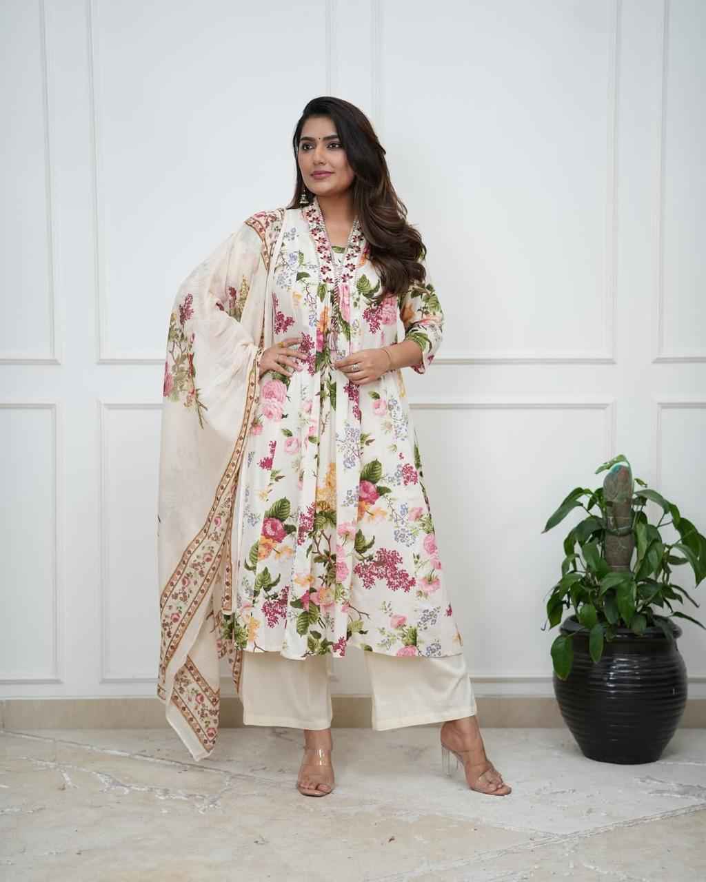 Ivory Floral Printed Kurta Set with Dupatta - DevishaFashion
