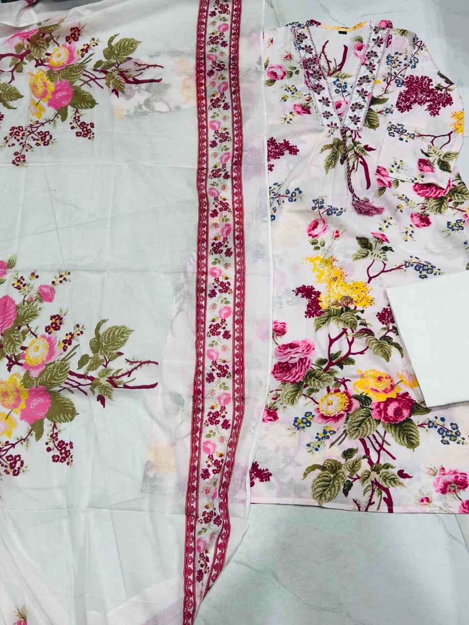 Ivory Floral Printed Kurta Set with Dupatta - DevishaFashion