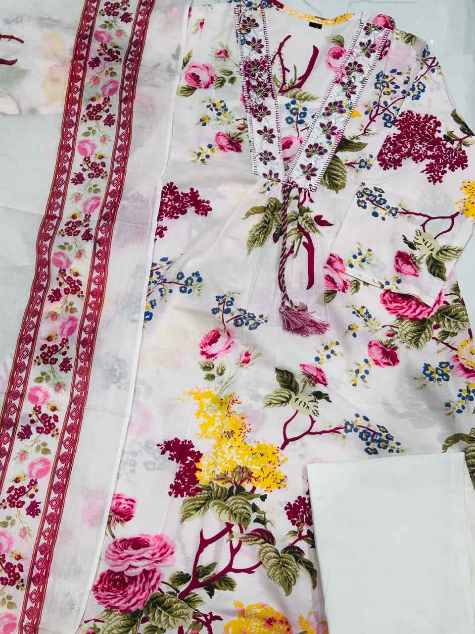 Ivory Floral Printed Kurta Set with Dupatta - DevishaFashion
