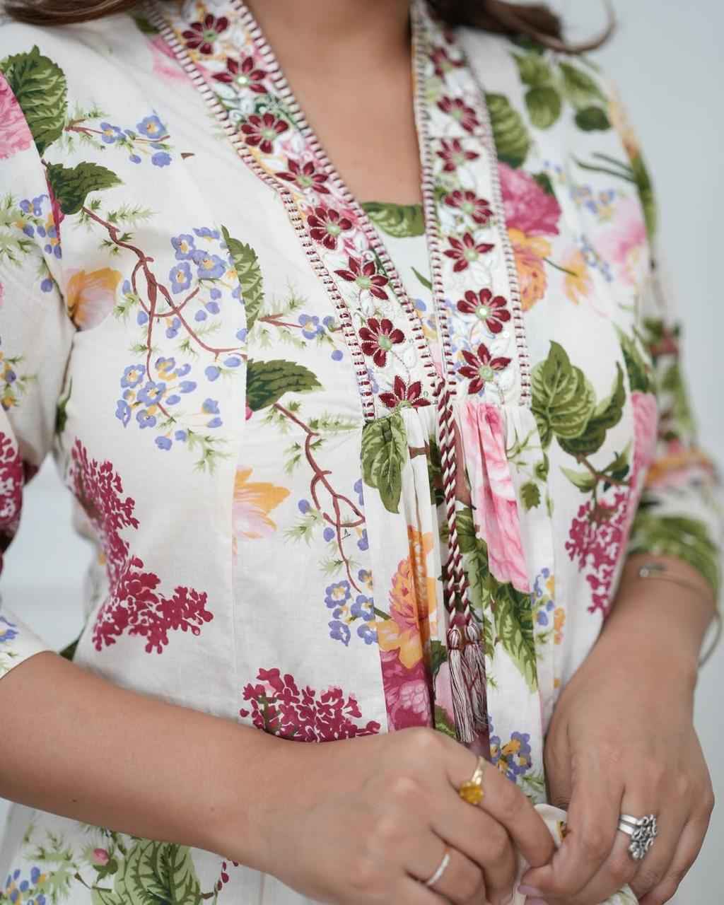 Ivory Floral Printed Kurta Set with Dupatta - DevishaFashion