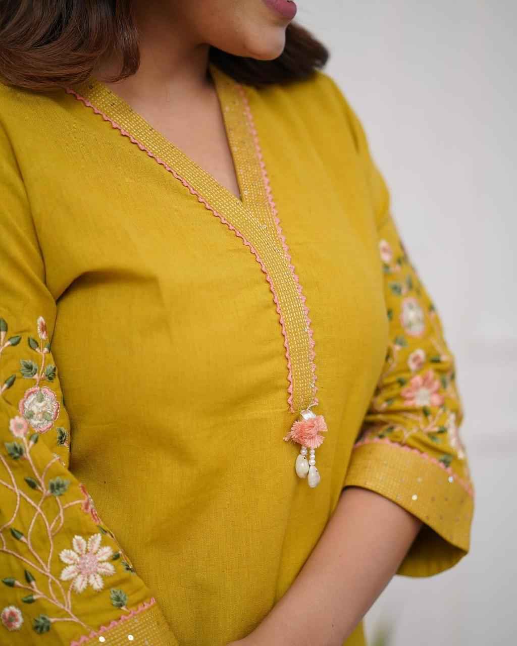 Mustard Yellow Embroidered Kurta - DevishaFashion