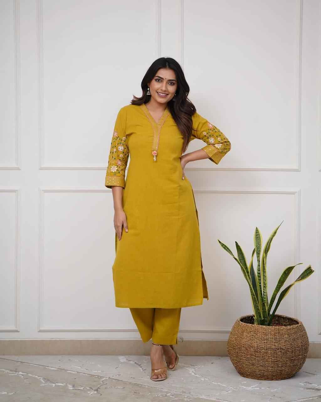 Mustard Yellow Embroidered Kurta - DevishaFashion