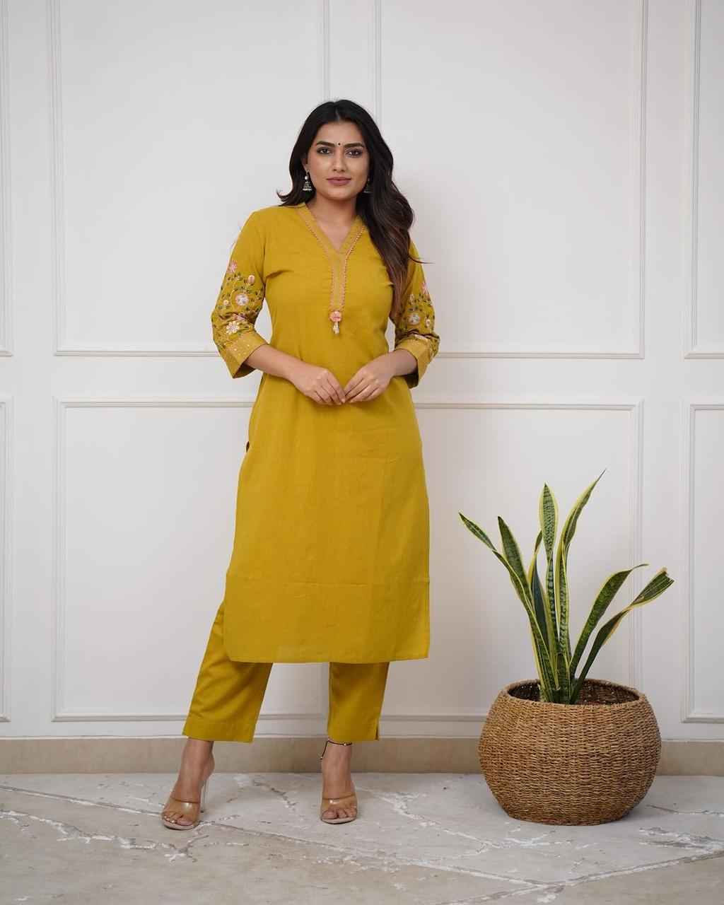 Mustard Yellow Embroidered Kurta - DevishaFashion