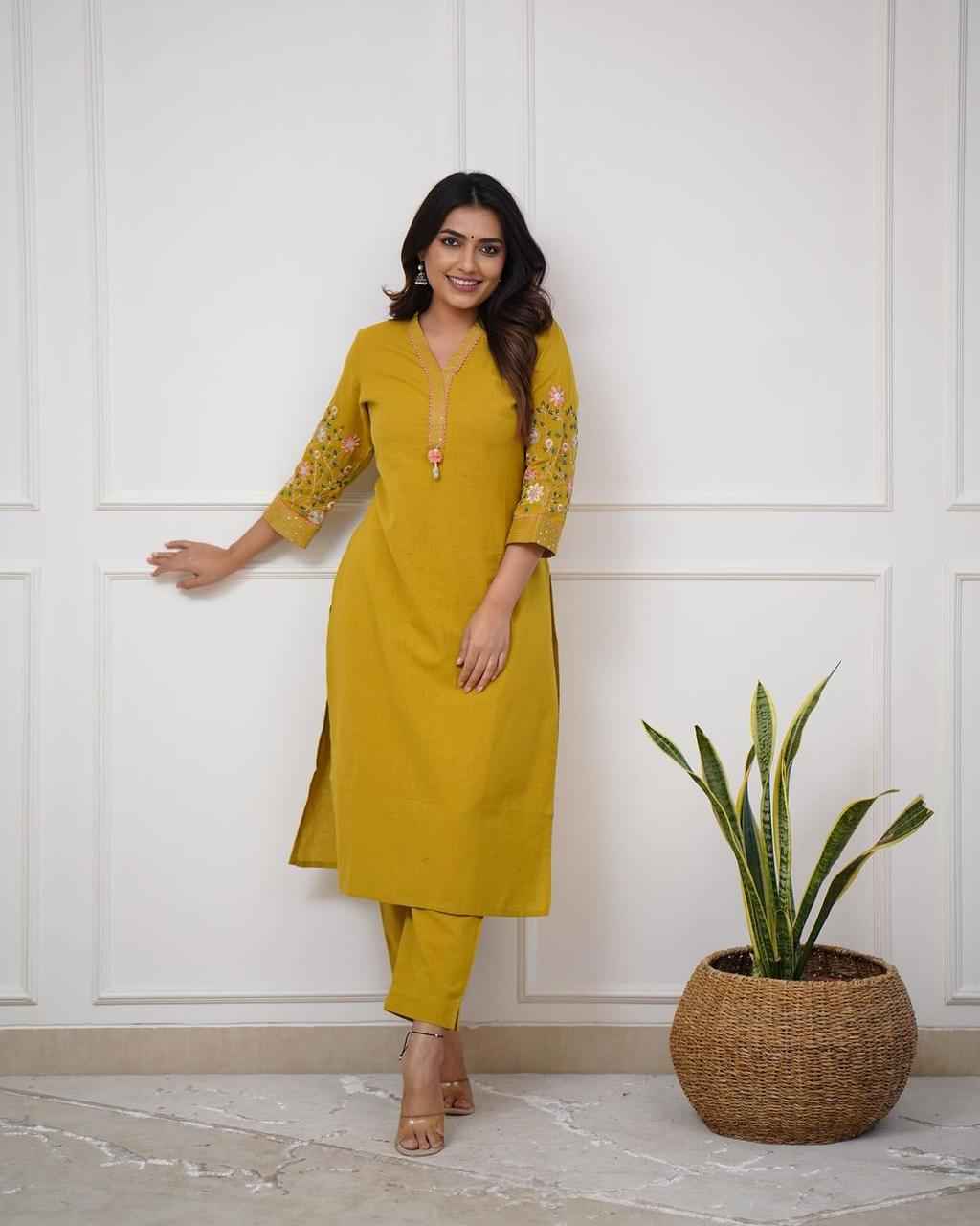 Mustard Yellow Embroidered Kurta - DevishaFashion