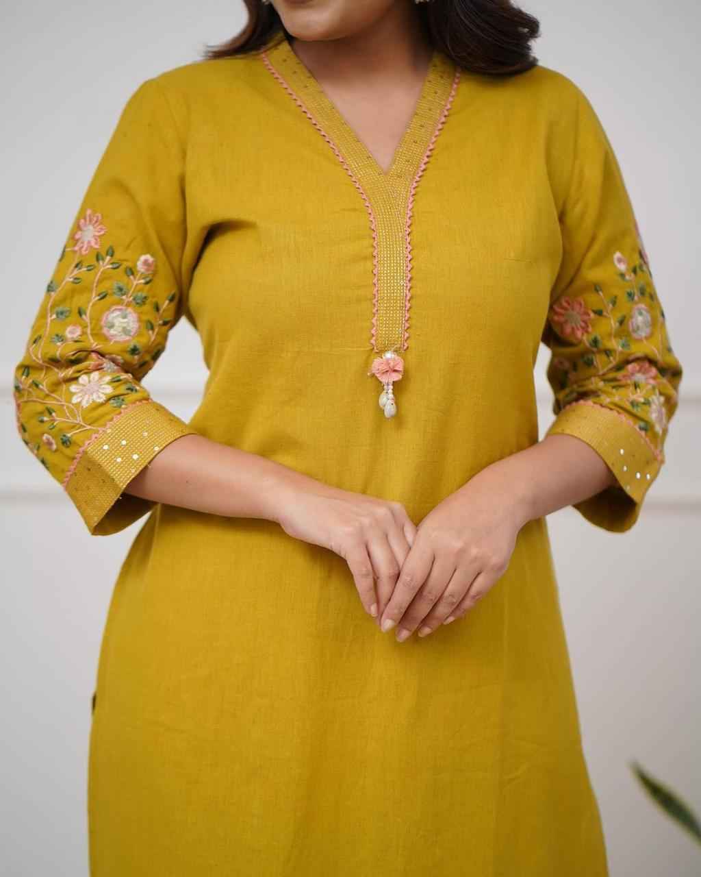 Mustard Yellow Embroidered Kurta - DevishaFashion