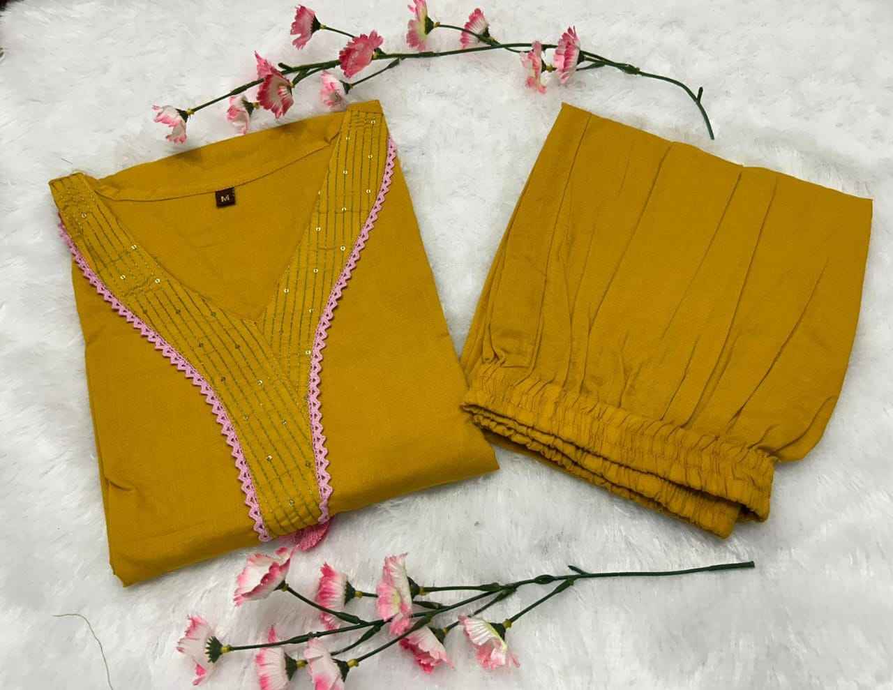 Mustard Yellow Embroidered Kurta - DevishaFashion