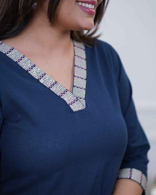Navy Blue Floral Embroidered Kurta Set - DevishaFashion