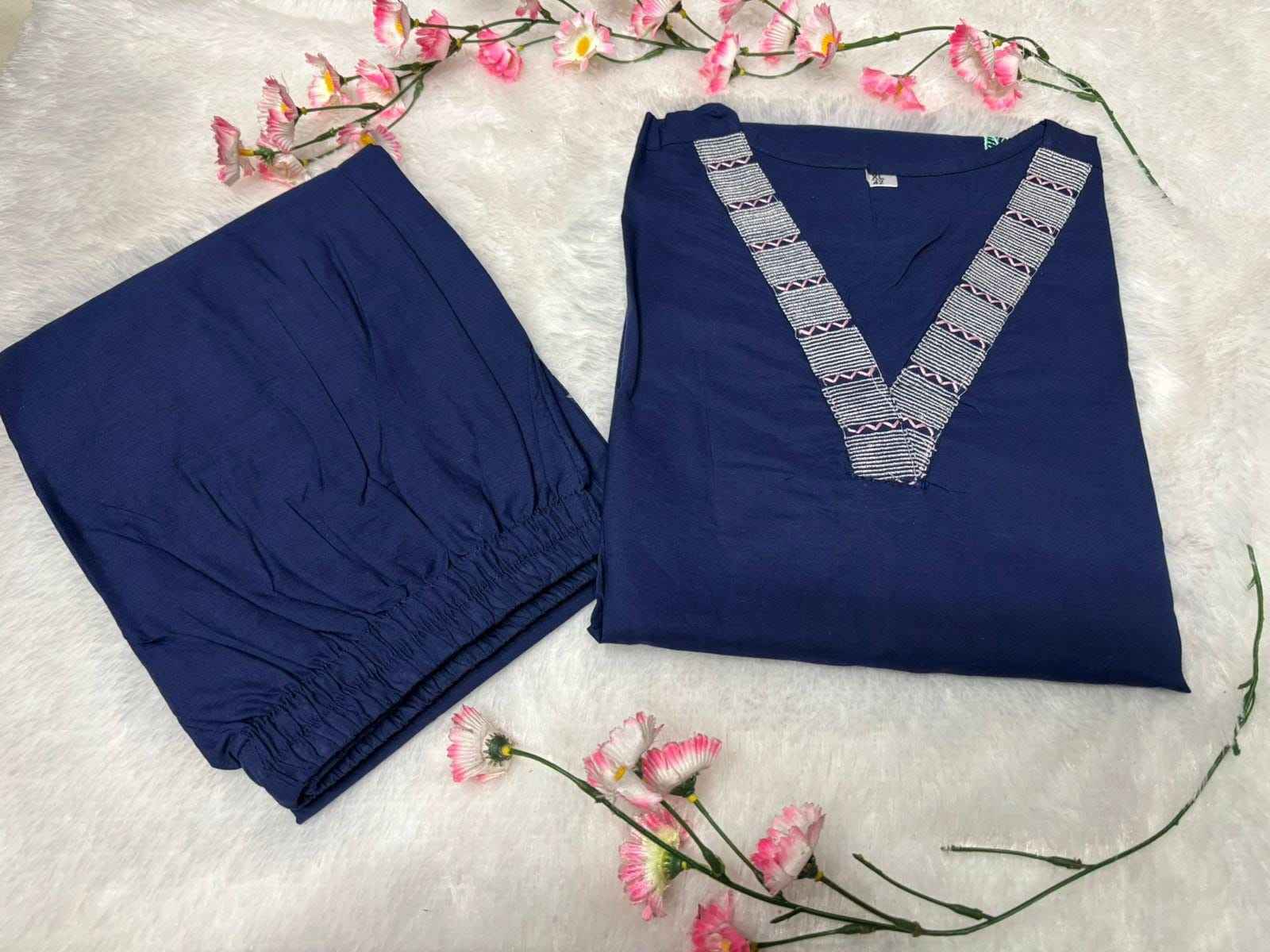 Navy Blue Floral Embroidered Kurta Set - DevishaFashion